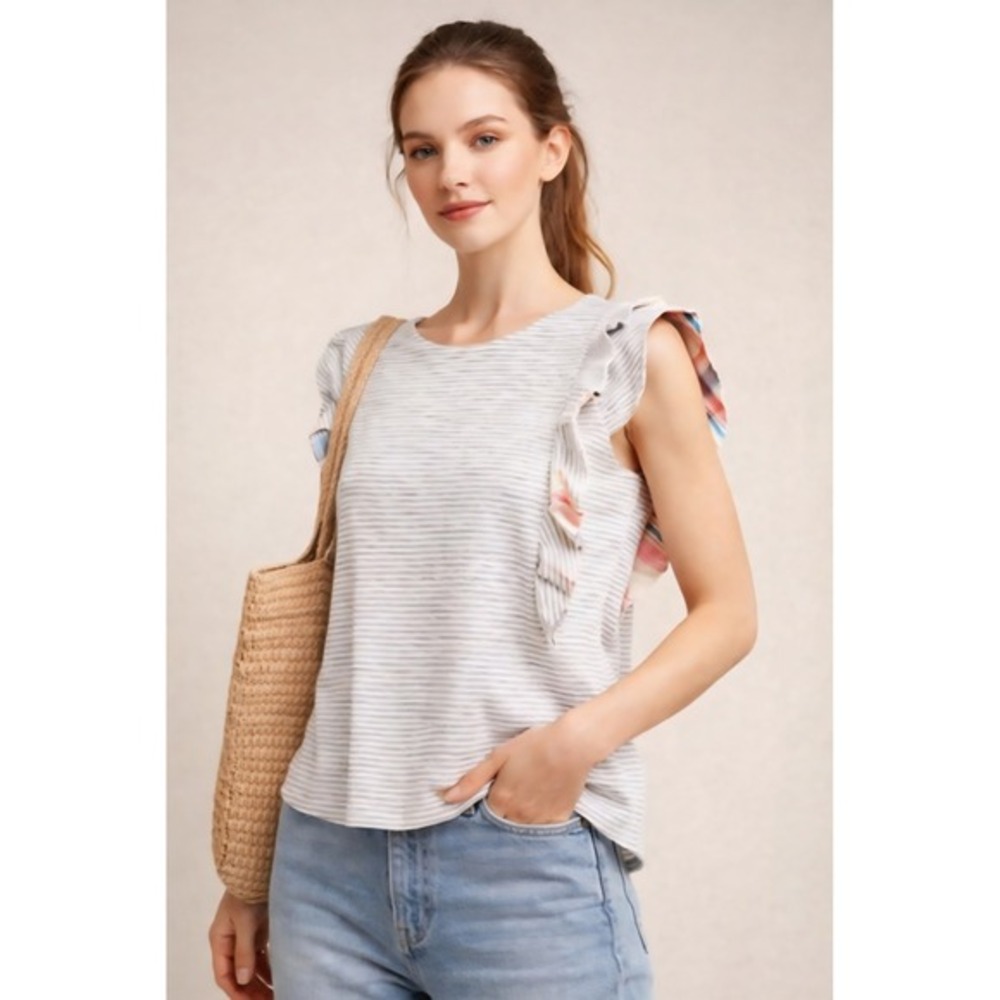 Anthropologie 9-H15 STCL XS Gray White Striped Flutter Sleeve Cotton Top